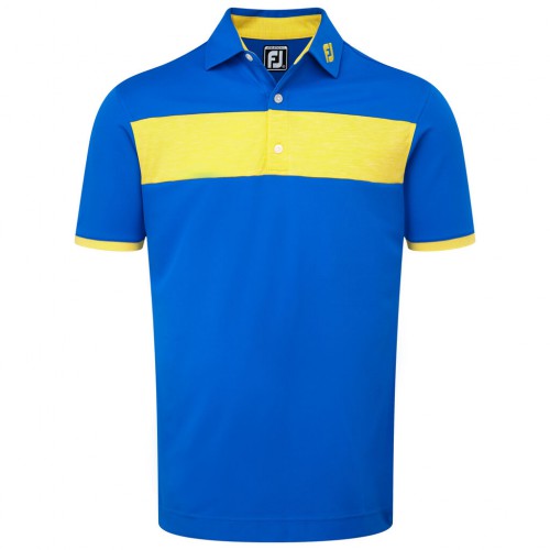 FootJoy Mens Smooth Pique with Heather Pieced Stripe Golf Polo Shirt (92418 Cobalt/Yellow)
