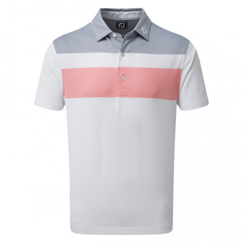 FootJoy Golf Double Block Birdseye Pique Mens Polo Shirt (White/Coral/Slate)