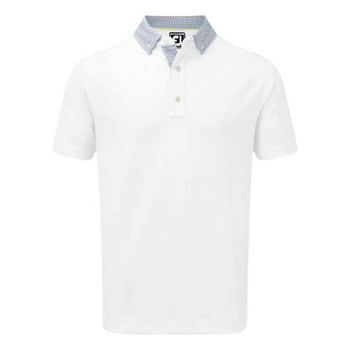 FootJoy Mens Smooth Pique Woven Button Collar Golf Polo Shirt (White/Blue)