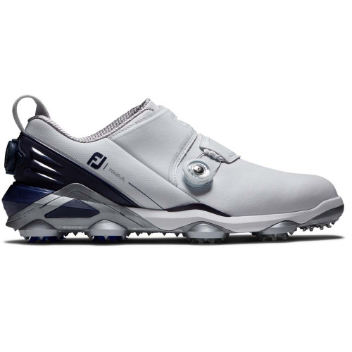 FootJoy Tour Alpha Double BOA Mens Spiked Golf Shoes (White/Grey/Blue)