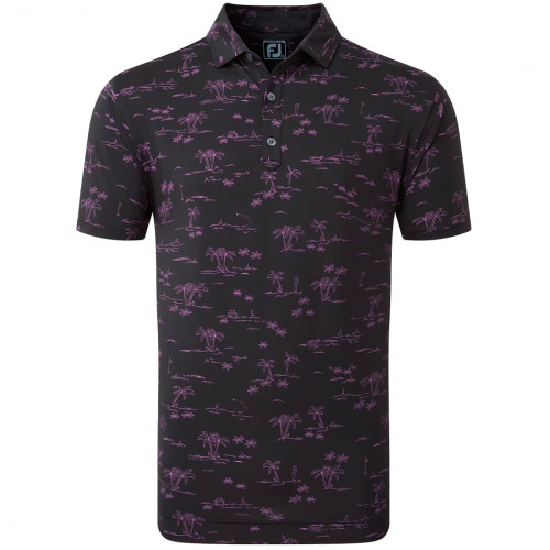 FootJoy Tropic Golf Print Lisle Mens Polo Shirt (Black/Orchid)