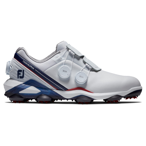 FootJoy Tour Alpha Triple BOA Mens Spiked Golf Shoes  - White/Navy/Red